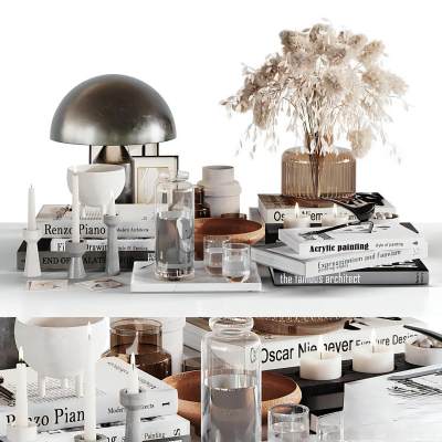 现代摆件组合 书本 花瓶 台灯 陈设 书籍 瓶罐 配饰